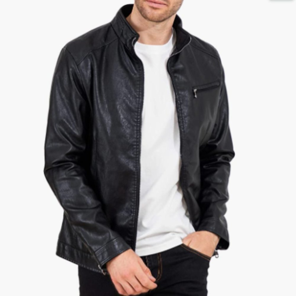Mens Leather Motorcycle Jacket-Black